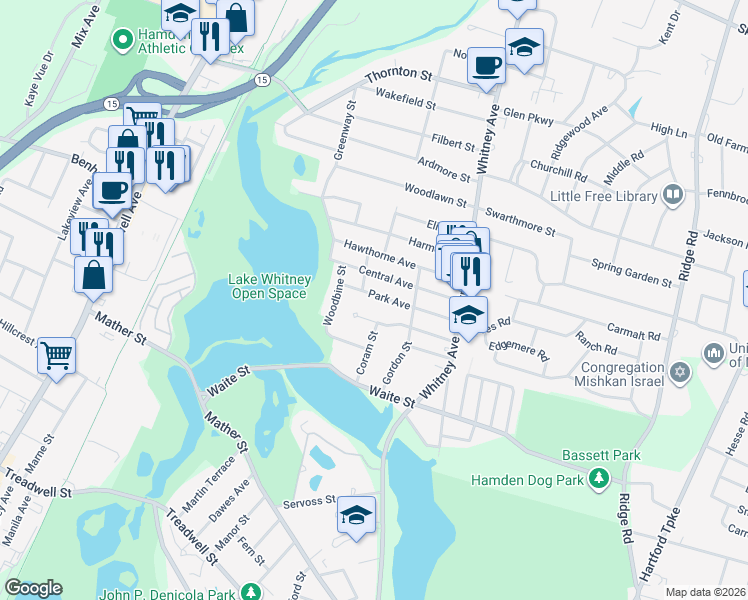 map of restaurants, bars, coffee shops, grocery stores, and more near 98 Park Avenue in Hamden
