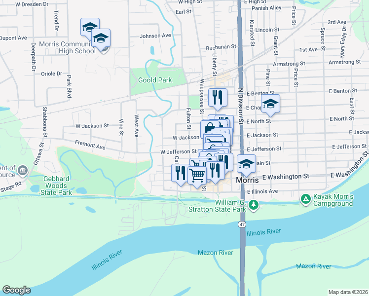 map of restaurants, bars, coffee shops, grocery stores, and more near 310 West Jefferson Street in Morris