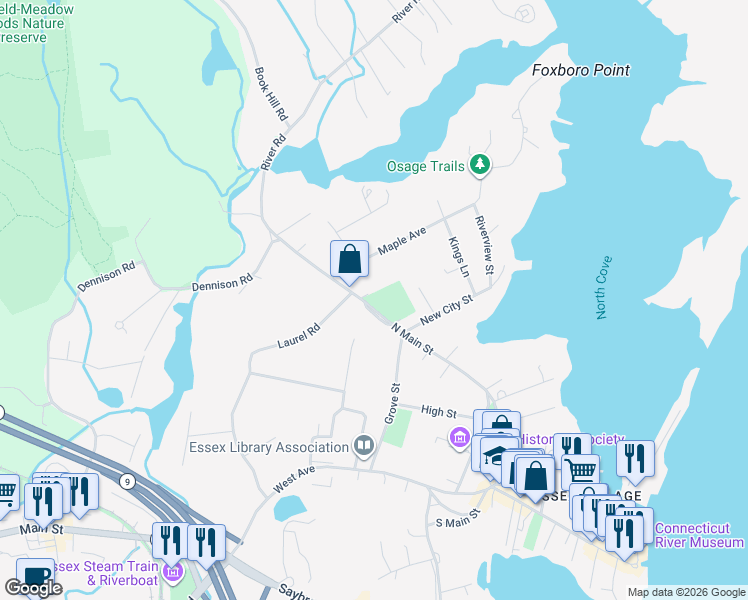 map of restaurants, bars, coffee shops, grocery stores, and more near 81 North Main Street in Essex