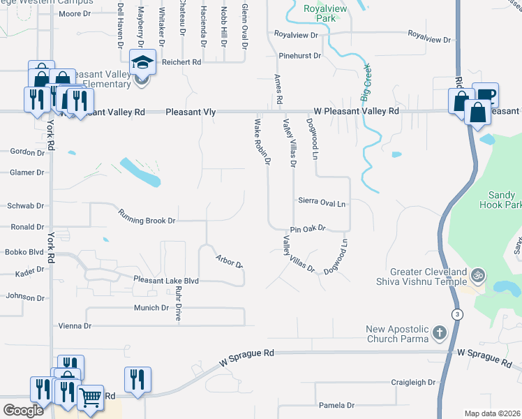 map of restaurants, bars, coffee shops, grocery stores, and more near 7612 Wake Robin Drive in Parma