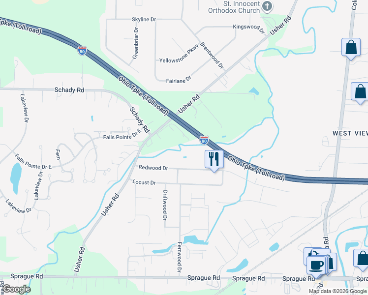 map of restaurants, bars, coffee shops, grocery stores, and more near 8939 Usher Road in Cuyahoga County