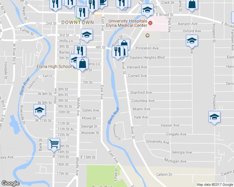 map of restaurants, bars, coffee shops, grocery stores, and more near 126 Elizabeth Street in Elyria