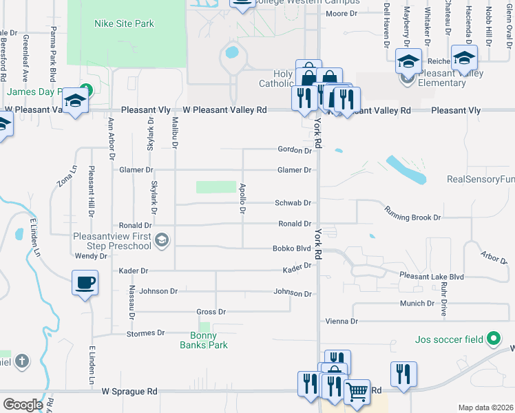 map of restaurants, bars, coffee shops, grocery stores, and more near 11043 Schwab Drive in Parma