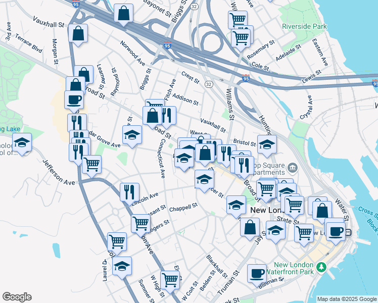 map of restaurants, bars, coffee shops, grocery stores, and more near 198 Broad Street in New London