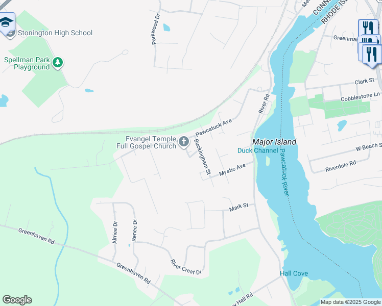 map of restaurants, bars, coffee shops, grocery stores, and more near 14 Cleveland Street in Stonington