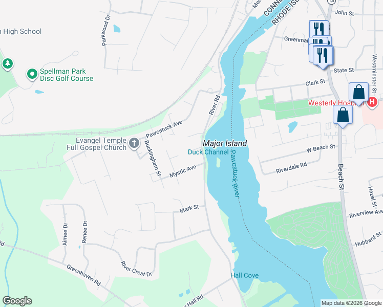 map of restaurants, bars, coffee shops, grocery stores, and more near 9 Huntington Street in Stonington