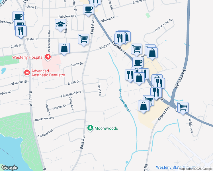 map of restaurants, bars, coffee shops, grocery stores, and more near 21 Calabria Court in Westerly