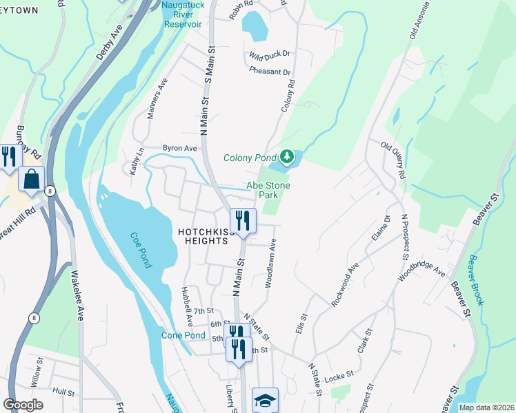 map of restaurants, bars, coffee shops, grocery stores, and more near 40 Colony Road in Ansonia