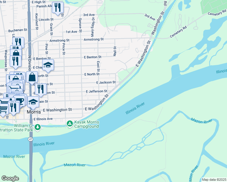 map of restaurants, bars, coffee shops, grocery stores, and more near 945 East Washington Street in Morris
