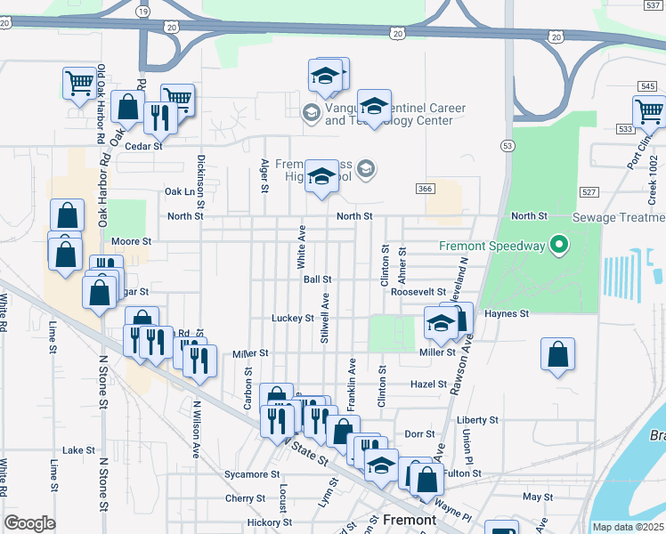 map of restaurants, bars, coffee shops, grocery stores, and more near 1211 Stilwell Ave in Fremont