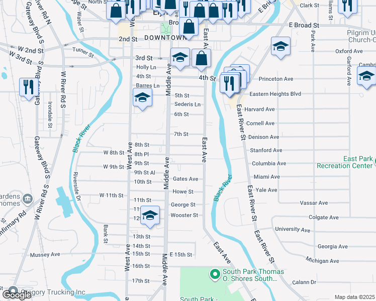 map of restaurants, bars, coffee shops, grocery stores, and more near 228 8th St in Elyria
