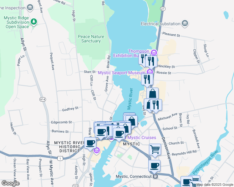 map of restaurants, bars, coffee shops, grocery stores, and more near 9 Park Place in Groton