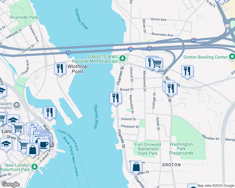 map of restaurants, bars, coffee shops, grocery stores, and more near 118 Thames Street in Groton