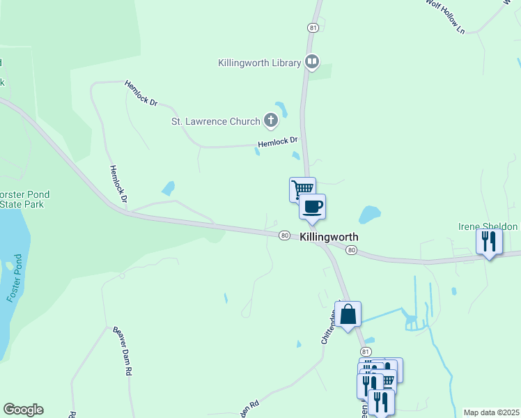 map of restaurants, bars, coffee shops, grocery stores, and more near 202 Old Deep River Turnpike in Killingworth