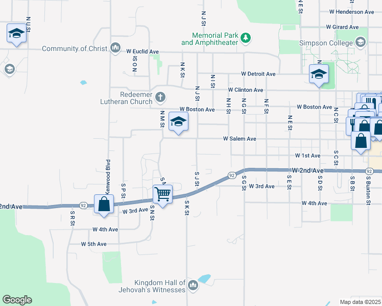 map of restaurants, bars, coffee shops, grocery stores, and more near 111 S J St in Indianola