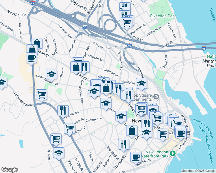 map of restaurants, bars, coffee shops, grocery stores, and more near 20 Channing Street in New London