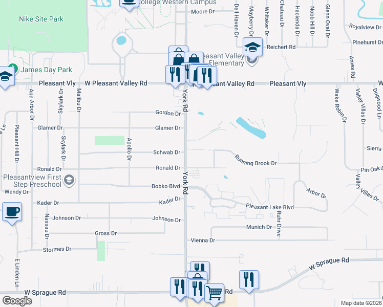 map of restaurants, bars, coffee shops, grocery stores, and more near 7629 York Road in Parma