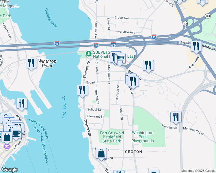 map of restaurants, bars, coffee shops, grocery stores, and more near 81 Broad Street in Groton