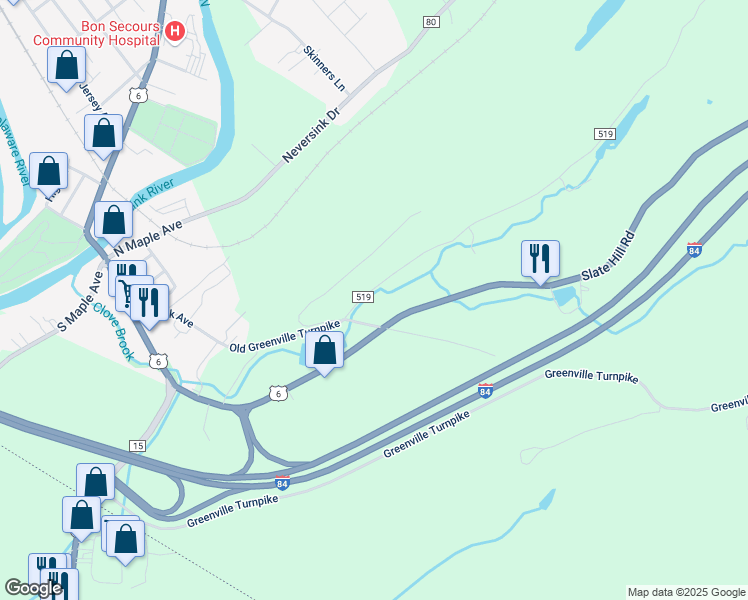 map of restaurants, bars, coffee shops, grocery stores, and more near 12 Lime Kiln Road in Port Jervis