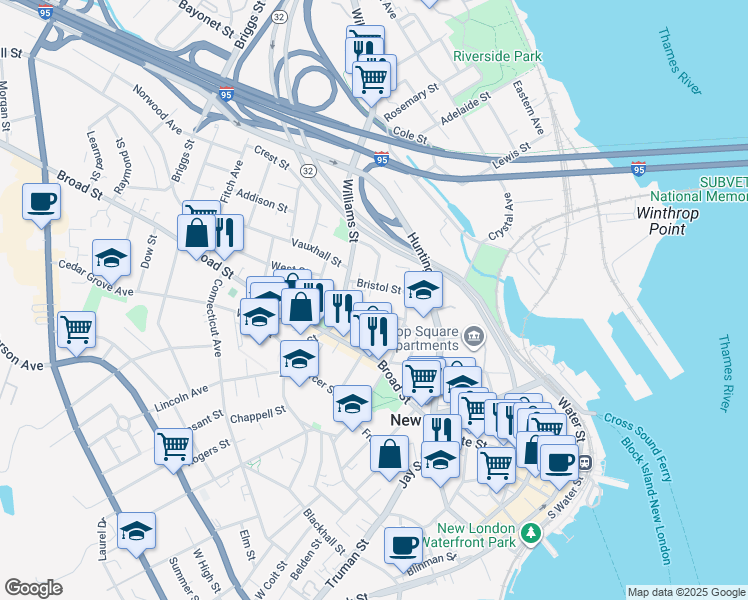 map of restaurants, bars, coffee shops, grocery stores, and more near 33 Granite Street in New London