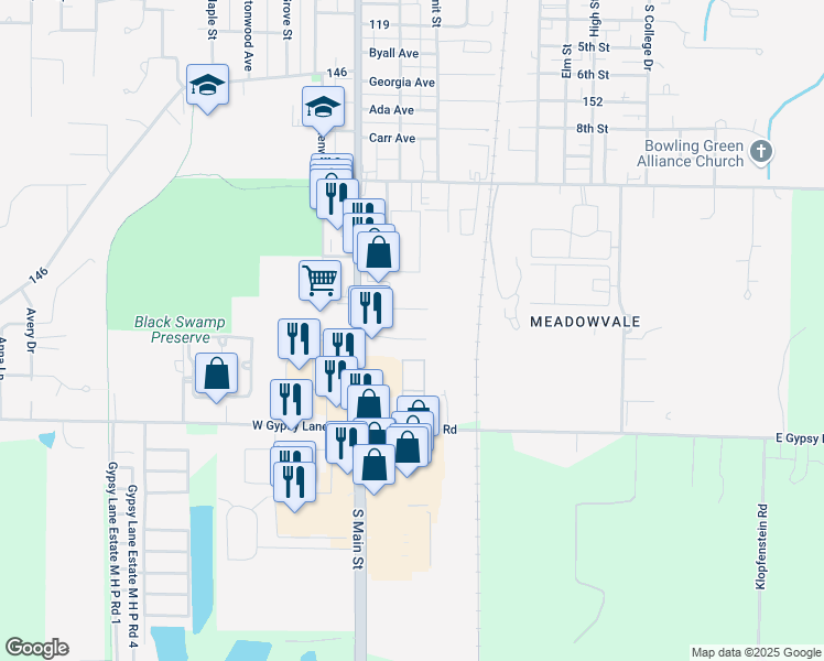 map of restaurants, bars, coffee shops, grocery stores, and more near 1017 South Main Street in Bowling Green
