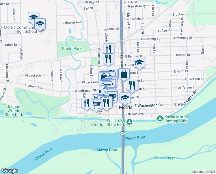 map of restaurants, bars, coffee shops, grocery stores, and more near 407 Liberty Street in Morris