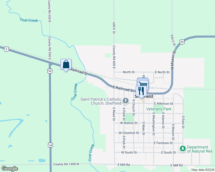 map of restaurants, bars, coffee shops, grocery stores, and more near 419 West Railroad Street in Sheffield