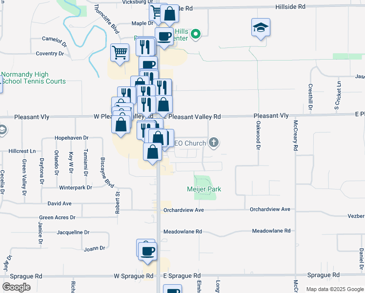 map of restaurants, bars, coffee shops, grocery stores, and more near 223 Village Drive North in Seven Hills