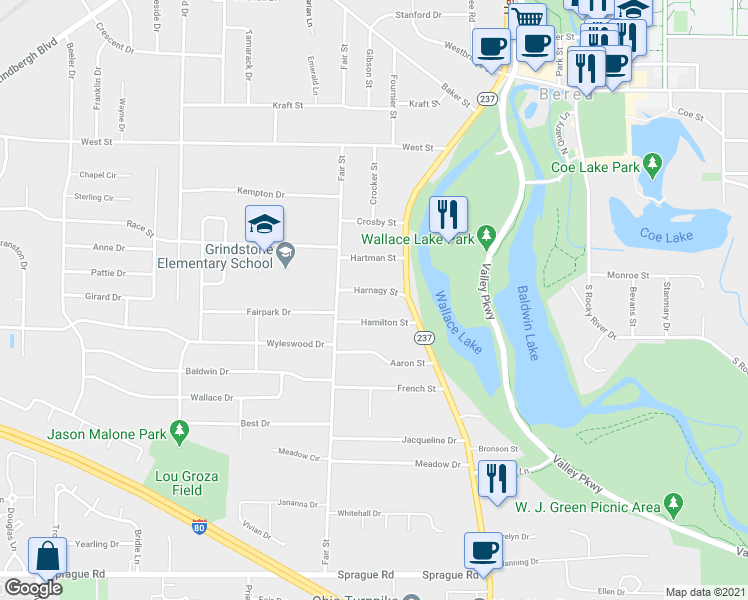 map of restaurants, bars, coffee shops, grocery stores, and more near 79 Harnagy St in Berea