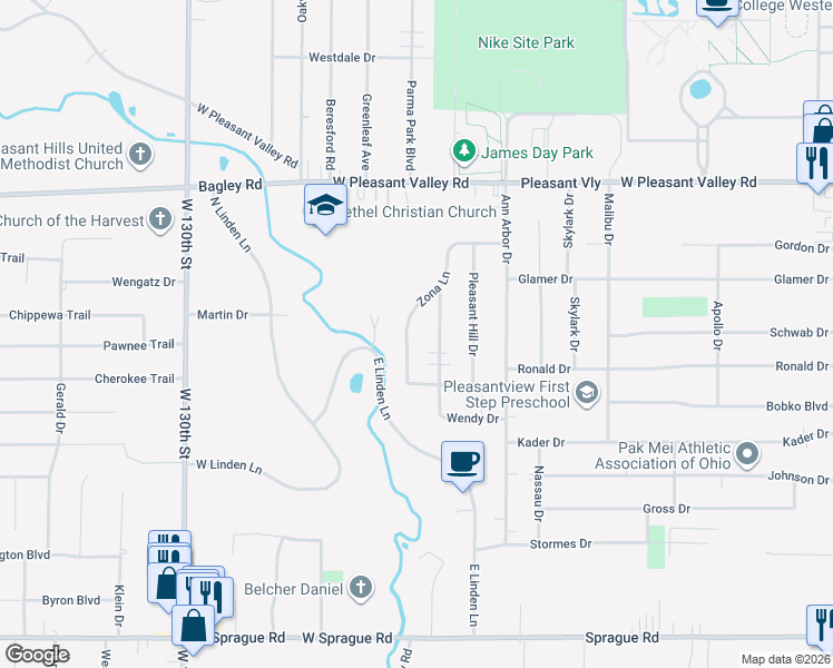map of restaurants, bars, coffee shops, grocery stores, and more near 7588 Sleepy Hollow Drive in Parma