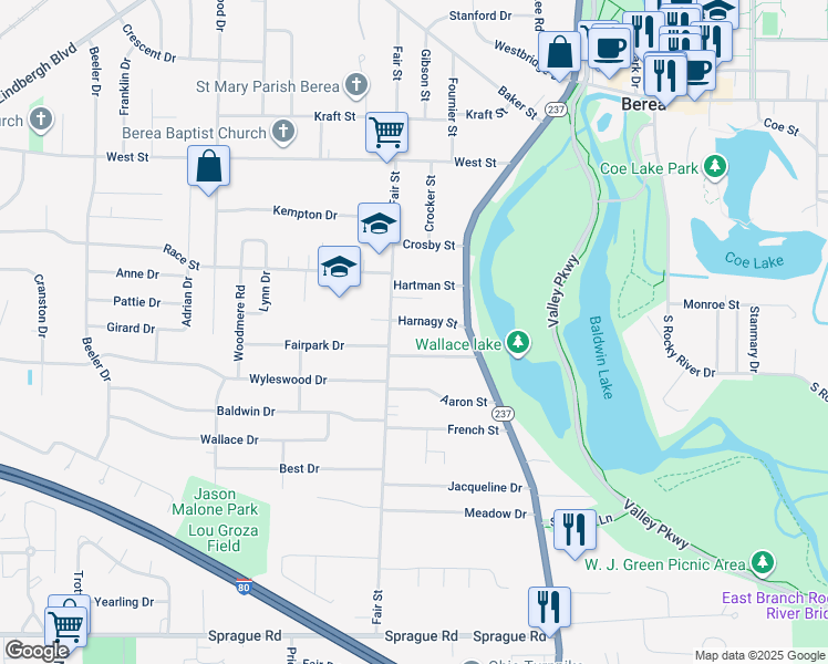 map of restaurants, bars, coffee shops, grocery stores, and more near 79 Harnagy Street in Berea