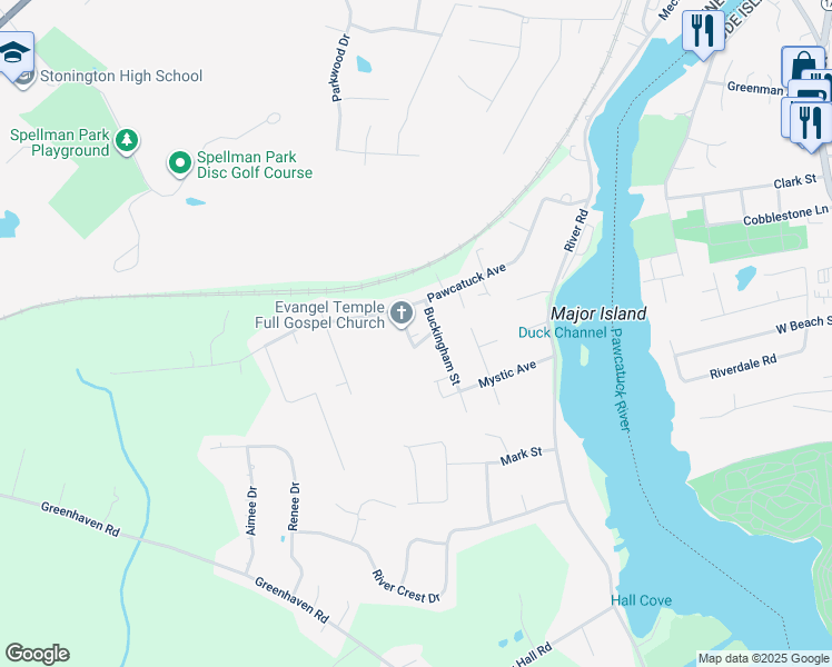 map of restaurants, bars, coffee shops, grocery stores, and more near 14 Cleveland Street in Stonington
