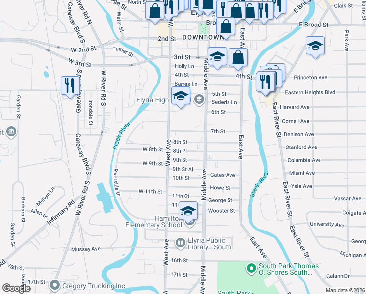 map of restaurants, bars, coffee shops, grocery stores, and more near 324 8th Street in Elyria