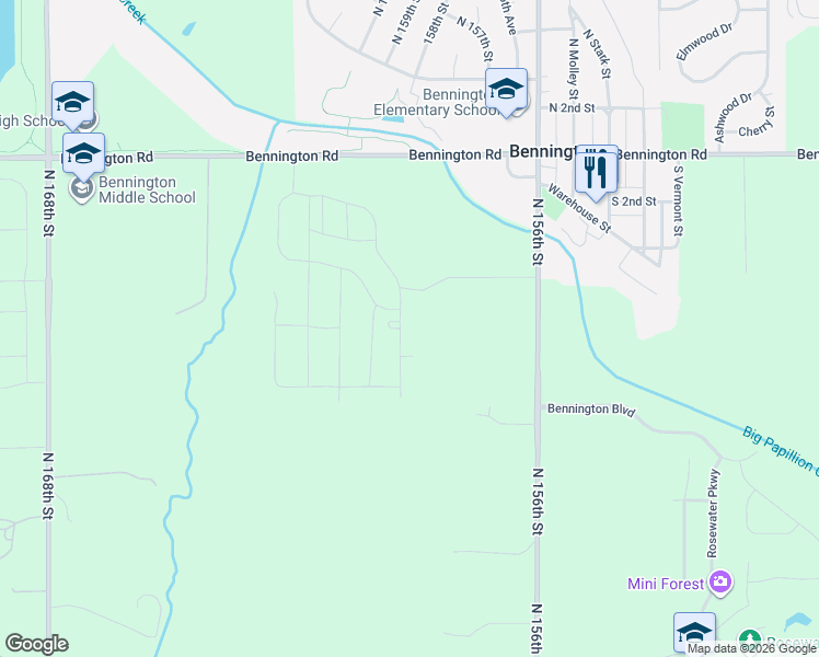 map of restaurants, bars, coffee shops, grocery stores, and more near 11040-11158 North 156th Street in Bennington