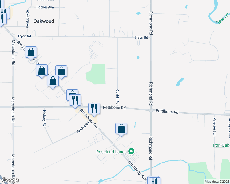 map of restaurants, bars, coffee shops, grocery stores, and more near 7468 Oakhill Road in Bedford