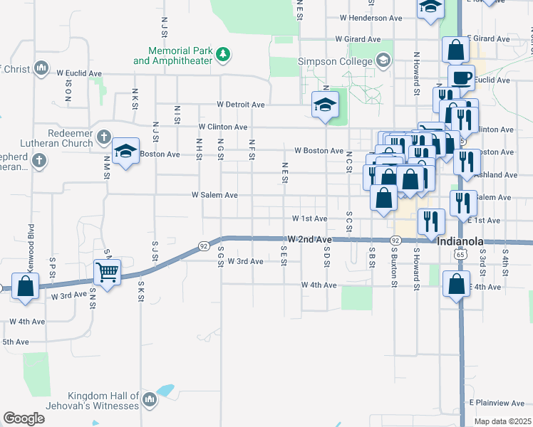 map of restaurants, bars, coffee shops, grocery stores, and more near 710 West 1st Avenue in Indianola
