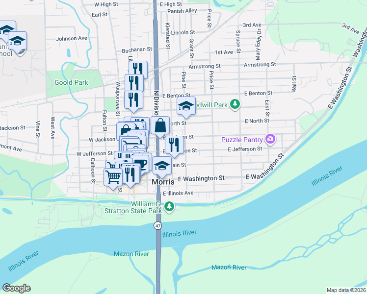 map of restaurants, bars, coffee shops, grocery stores, and more near 403 Pine Street in Morris