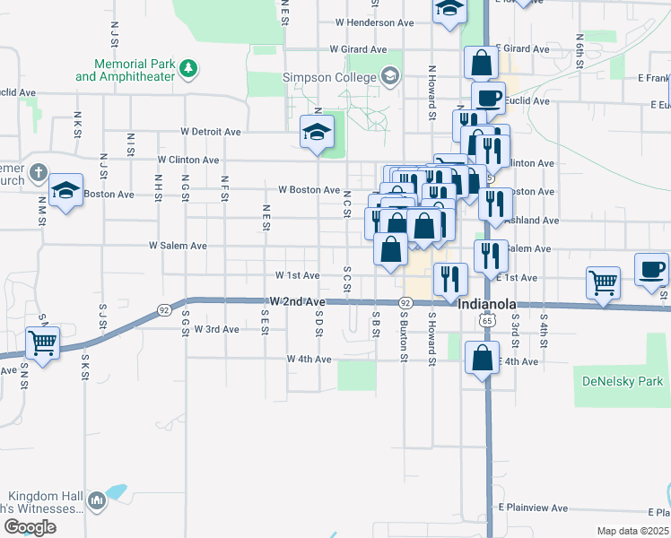 map of restaurants, bars, coffee shops, grocery stores, and more near 404 West 1st Avenue in Indianola
