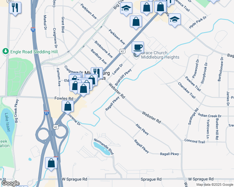 map of restaurants, bars, coffee shops, grocery stores, and more near 7548 Ragall Parkway in Middleburg Heights