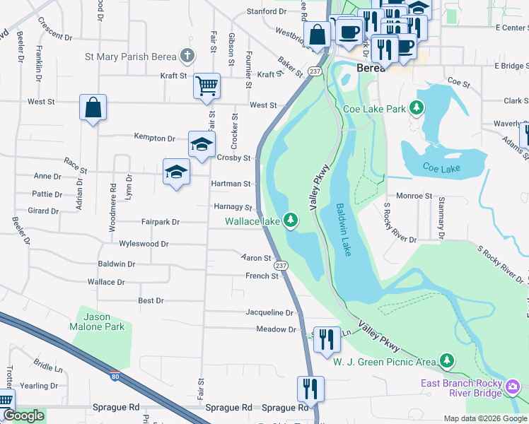 map of restaurants, bars, coffee shops, grocery stores, and more near 307 Prospect Road in Berea