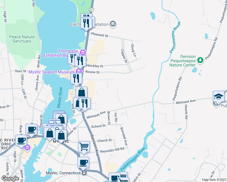 map of restaurants, bars, coffee shops, grocery stores, and more near 23 Mystic Hill Road in Stonington