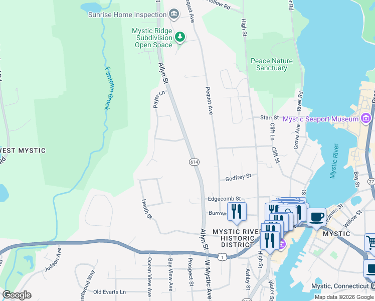 map of restaurants, bars, coffee shops, grocery stores, and more near 7 Whitehall Lane in Groton