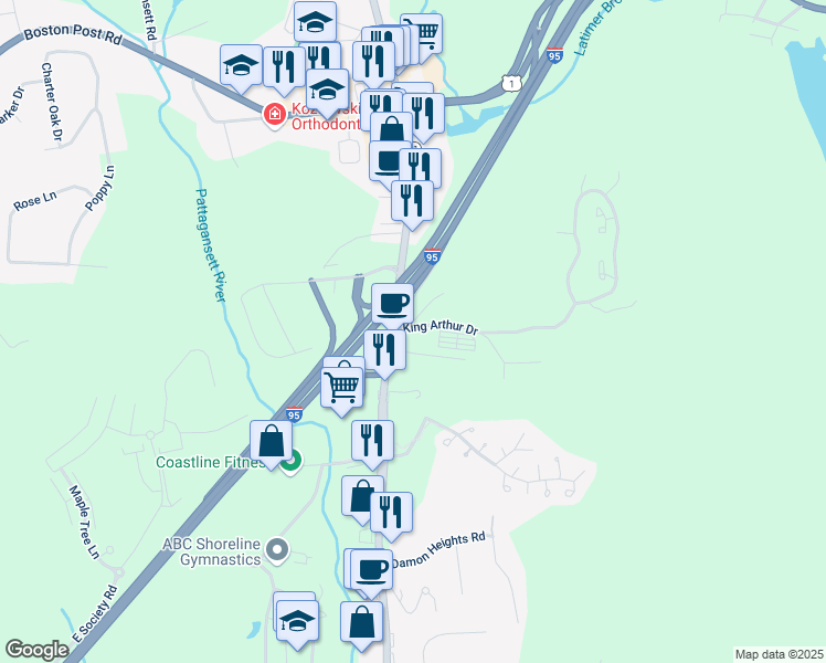 map of restaurants, bars, coffee shops, grocery stores, and more near 5 King Arthur Drive in East Lyme