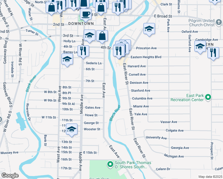 map of restaurants, bars, coffee shops, grocery stores, and more near 126 Elizabeth Street in Elyria