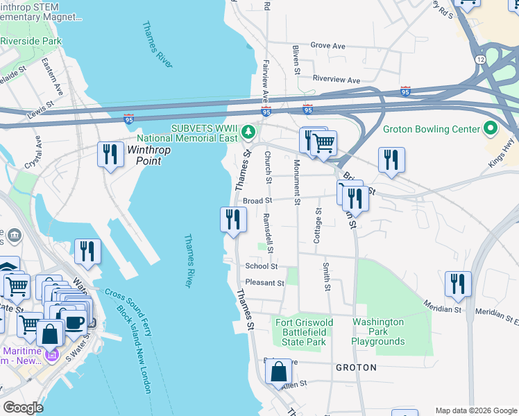 map of restaurants, bars, coffee shops, grocery stores, and more near 39 Broad Street in Groton