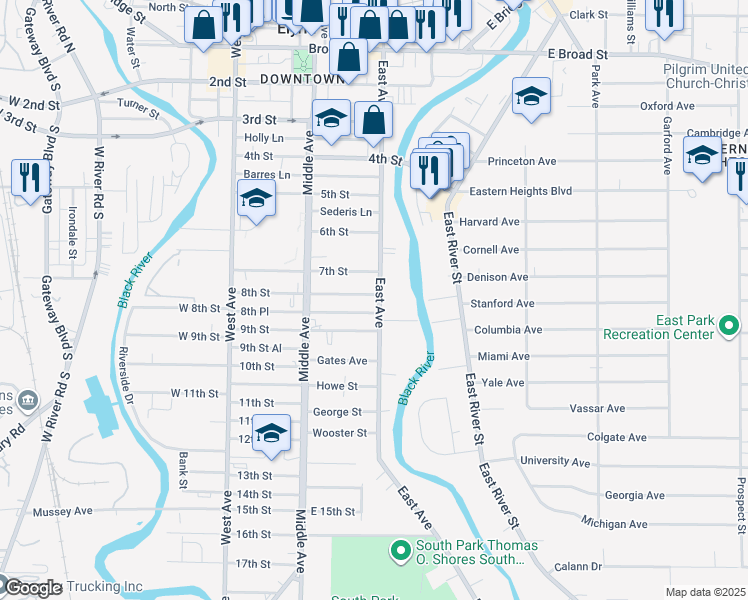 map of restaurants, bars, coffee shops, grocery stores, and more near 803 East Avenue in Elyria
