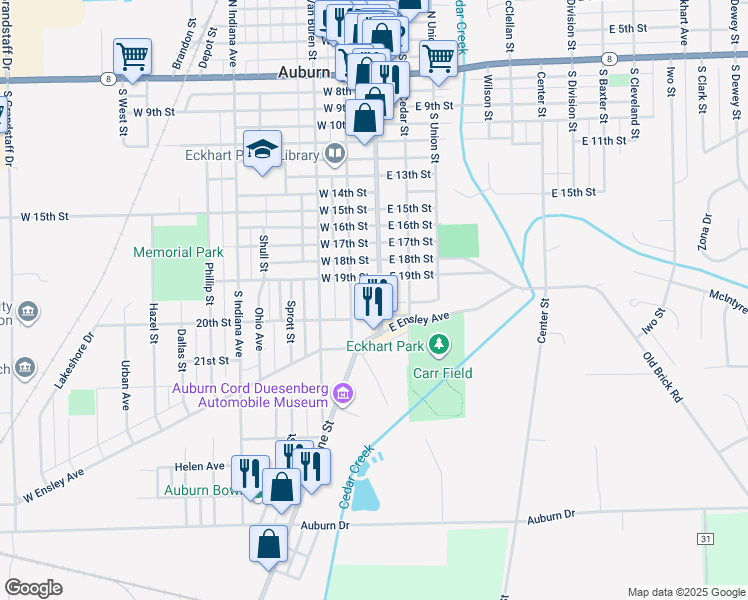 map of restaurants, bars, coffee shops, grocery stores, and more near 1315 Main Street in Auburn