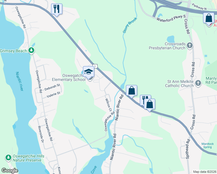 map of restaurants, bars, coffee shops, grocery stores, and more near 6 Stoney Brook Drive in Waterford