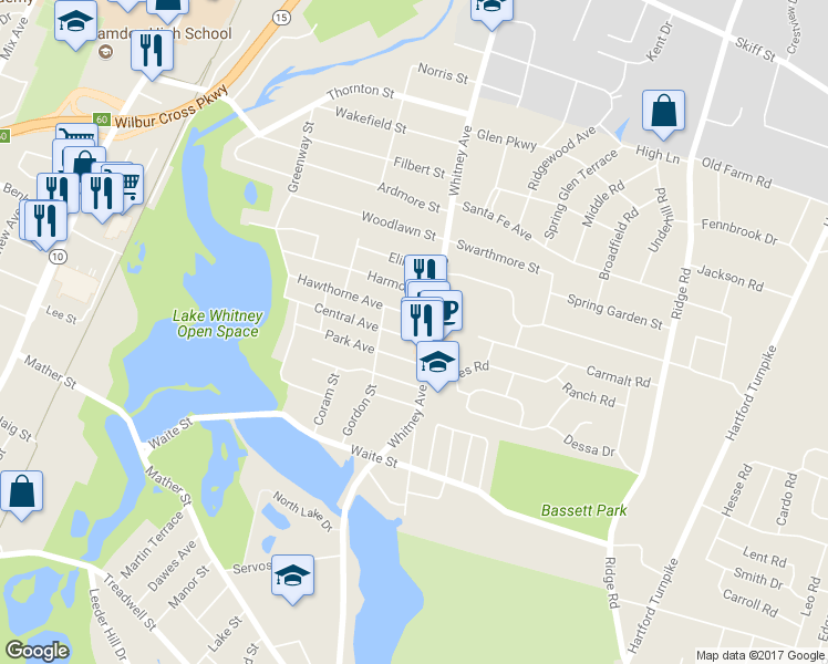map of restaurants, bars, coffee shops, grocery stores, and more near 17 Central Avenue in Hamden