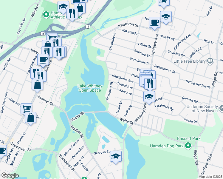 map of restaurants, bars, coffee shops, grocery stores, and more near 30 Woodbine Street in Hamden